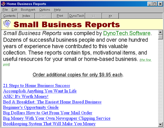 Small Business Reports: Over 100 reports in Windows Help format.